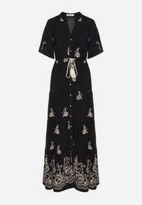 Born2be - Czarna Wiskozowa Sukienka Boho o Rozkloszowanym Kroju z Haftem i Wiązaniem Lilvanis. Okazja: na co dzień. Typ kołnierza: dekolt w serek. Kolor: czarny. Materiał: wiskoza. Długość rękawa: krótki rękaw. Wzór: haft. Styl: boho #2