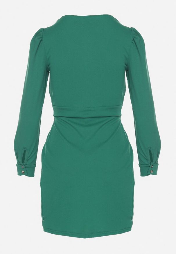 Born2be - Zielona Sukienka z Marszczeniem i Bufiastymi Rękawami Redenia. Kolor: zielony. Styl: elegancki, klasyczny