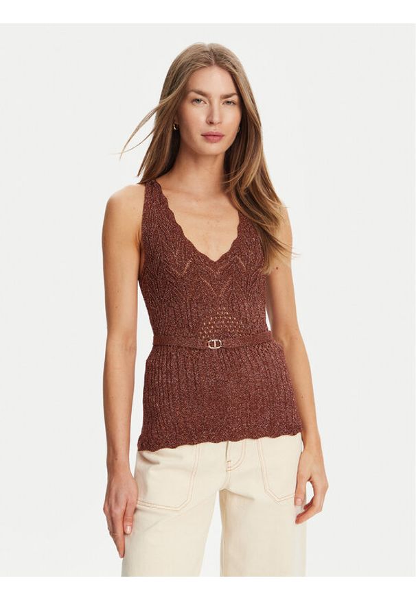 TwinSet - TWINSET Top 251TT3195 Brązowy Slim Fit. Kolor: brązowy. Materiał: wiskoza