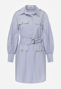 Renee - Niebieska Koszulowa Sukienka z Bawełny z Paskiem w Stylu Soft Utility Effiara. Kolor: niebieski. Materiał: bawełna. Wzór: paski. Typ sukienki: koszulowe #7