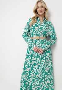 Born2be - Zielona Koszulowa Sukienka z Wiskozy Ozdobiona Ornamentalnym Wzorem Rulffa. Kolor: zielony. Materiał: wiskoza. Wzór: aplikacja. Typ sukienki: koszulowe