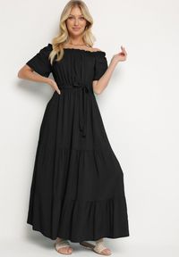 Born2be - Czarna Bawełniana Sukienka Hiszpanka z Wiskozą z Gumką i Materiałowym Paskiem w Talii Tiamanthe. Okazja: na imprezę, na co dzień. Typ kołnierza: dekolt hiszpanka. Kolor: czarny. Materiał: materiał, bawełna, wiskoza. Sezon: lato. Styl: casual, elegancki #3