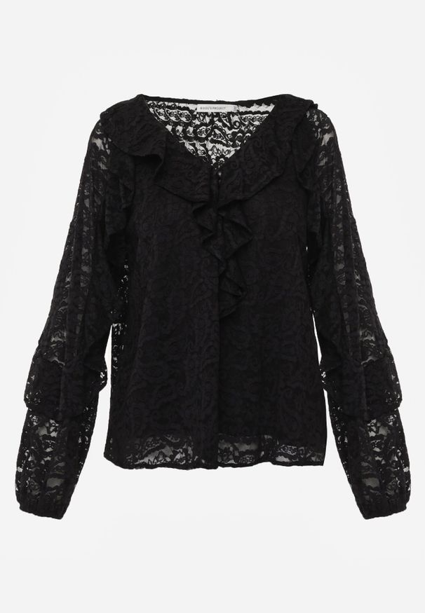 Born2be - Czarna Bluzka z Koronki Ozdobiona Falbankami Sewola. Typ kołnierza: kołnierz z falbankami. Kolor: czarny. Materiał: koronka. Wzór: aplikacja, koronka. Styl: elegancki