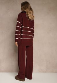 Renee - Bordowy Komplet z Dzianiny z Wełną Spodnie i Pasiasty Sweter z Suwakiem Tiarrea. Kolor: czerwony. Materiał: dzianina, wełna