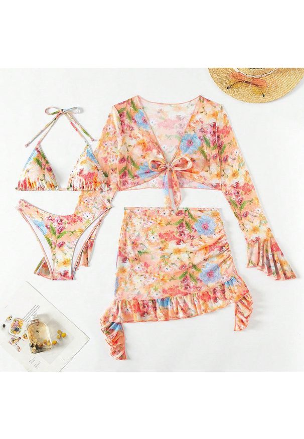 Intica - Zestaw plażowy damski z falbanami idealny na lato Belva. Kolor: wielokolorowy. Materiał: materiał