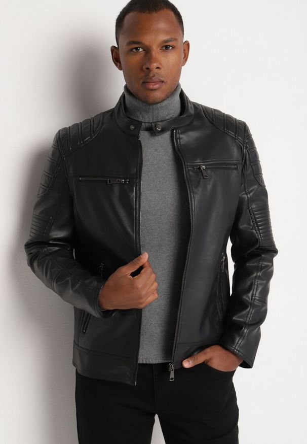 Born2be - Czarna Kurtka Ramoneska z Ekoskóry Florendae. Okazja: na co dzień. Kolor: czarny. Materiał: jeans. Długość rękawa: długi rękaw. Długość: długie. Styl: casual, klasyczny, elegancki, wizytowy