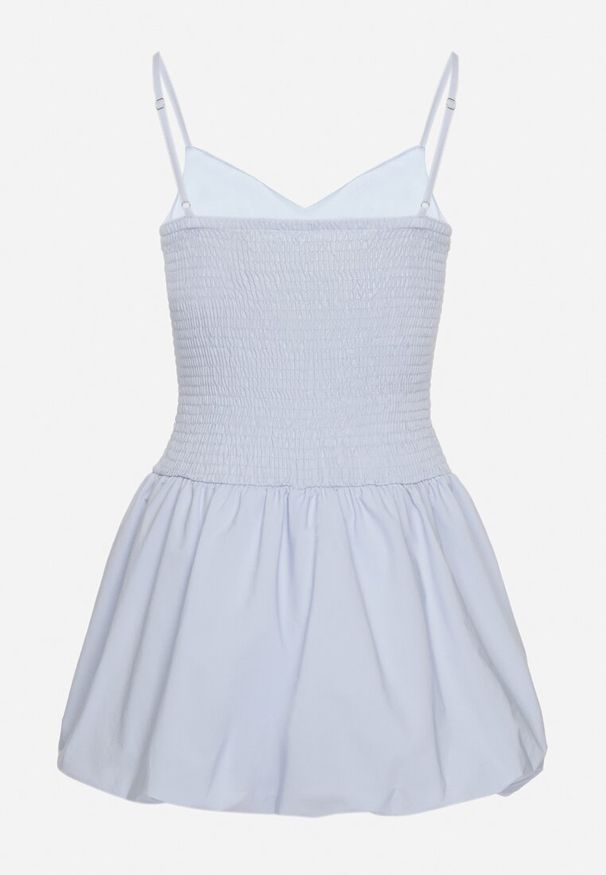 Born2be - Jasnoniebieska Sukienka Bombka na Cienkich Ramiączkach z Kokardą i Cyrkoniami Paliandria. Okazja: na imprezę. Typ kołnierza: kokarda. Kolor: niebieski. Długość rękawa: na ramiączkach. Wzór: aplikacja. Sezon: lato. Typ sukienki: bombki. Styl: elegancki