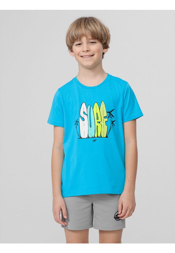 4f - T-shirt z nadrukiem chłopięcy. Kolor: niebieski. Materiał: dzianina, materiał, bawełna. Wzór: nadruk