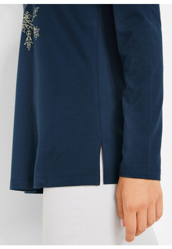 bonprix - Shirt bawełniany z długim rękawem, z czystej bawełny. Kolor: niebieski. Materiał: bawełna. Długość rękawa: długi rękaw. Długość: długie. Wzór: nadruk. Sezon: zima