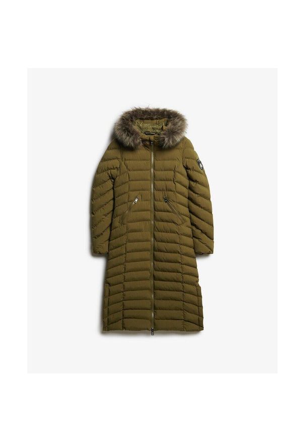 Długa kurtka z kapturem z sztucznego futra dla kobiet Superdry Fuji. Typ kołnierza: kaptur. Kolor: zielony. Materiał: futro. Długość rękawa: długi rękaw. Długość: długie. Sezon: zima. Styl: elegancki