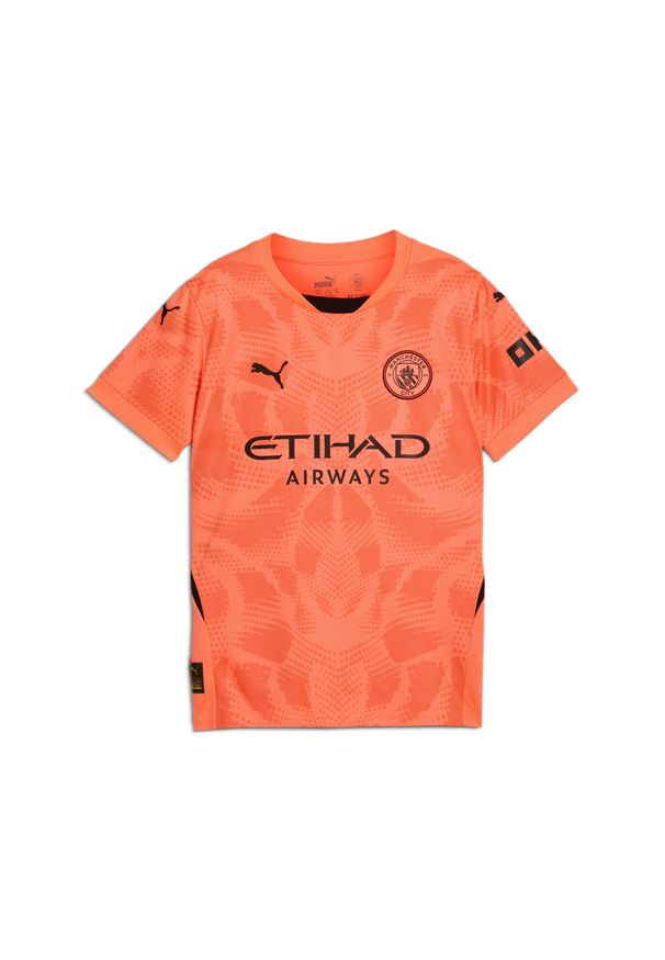 Puma - Młodzieżowa koszulka bramkarska z krótkim rękawem Manchester City 24/25 PUMA. Kolor: żółty, wielokolorowy, pomarańczowy. Długość rękawa: krótki rękaw. Długość: krótkie