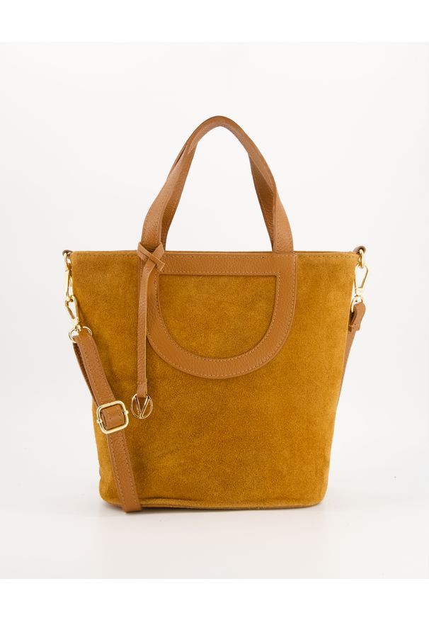 Venezia - Brązowa torepka typu bucket bag M049SUCUTOR114. Kolor: brązowy. Materiał: skórzane, zamszowe