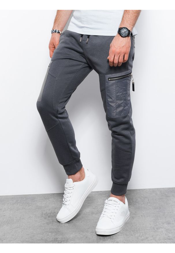 Ombre Clothing - Spodnie męskie dresowe joggery P917 - grafitowe - XXL. Kolor: szary. Materiał: dresówka. Wzór: gładki