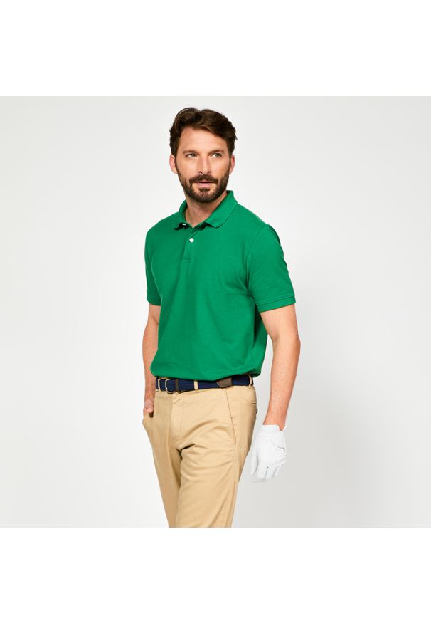 INESIS - Koszulka polo do golfa z krótkim rękawem męska Inesis MW500. Typ kołnierza: golf, polo. Kolor: zielony. Materiał: poliester, materiał, bawełna. Długość rękawa: krótki rękaw. Długość: krótkie. Wzór: ze splotem. Styl: klasyczny