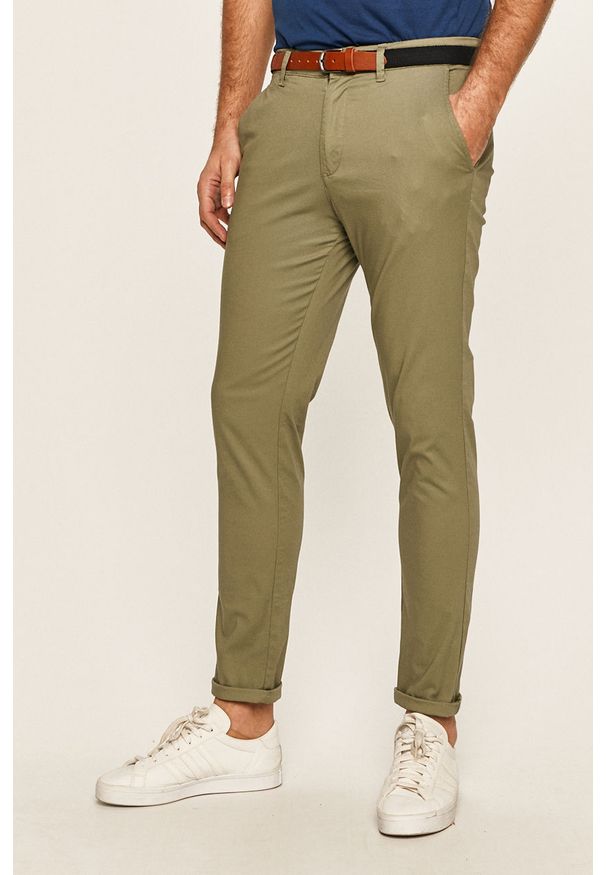 Selected - Spodnie. Kolor: zielony. Materiał: tkanina, bawełna, elastan. Wzór: gładki