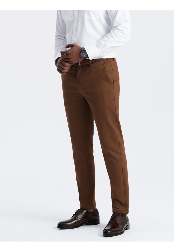 Ombre Clothing - Spodnie męskie chino SLIM FIT z delikatną teksturą - karmelowe V3 - Rozmiar: L. Materiał: materiał, bawełna