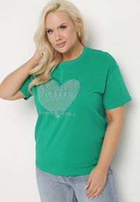 Born2be - Ciemnozielony Bawełniany T-shirt z Ozdobnym Nadrukiem i Napisem Ilenira. Kolekcja: plus size. Kolor: zielony. Materiał: bawełna. Wzór: napisy, nadruk