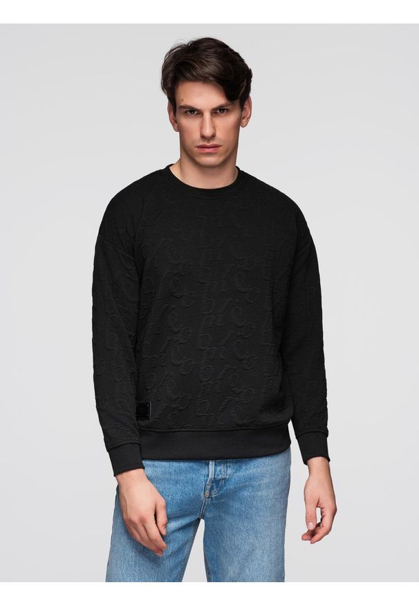 Ombre Clothing - Męska bluza RELAXED FIT z tłoczonymi literami – czarna V1 - Rozmiar: XL. Kolor: czarny. Materiał: materiał, dzianina, bawełna