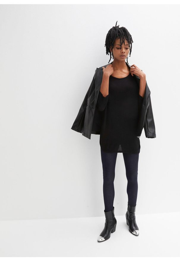 bonprix - Sweter z dzianiny o splocie drobnych oczek, z rękawami 3/4. Kolor: czarny. Materiał: dzianina. Wzór: ze splotem. Styl: elegancki