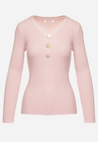 Born2be - Jasnoróżowy Sweter z Bawełną z Prążkowanego Materiału Ozdobiony Guzikami Zinfera. Kolor: różowy. Materiał: bawełna, materiał, prążkowany. Wzór: aplikacja. Sezon: zima #6