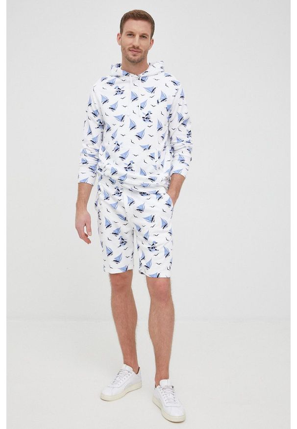 Polo Ralph Lauren bluza bawełniana męska kolor biały z kapturem wzorzysta. Typ kołnierza: polo, kaptur. Kolor: biały. Materiał: bawełna