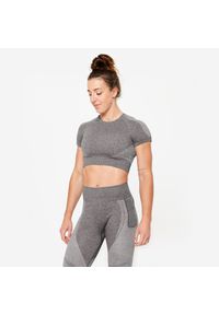 DOMYOS - Koszulka fitness damska Domyos krótki rękaw. Kolor: czarny. Materiał: skóra, materiał. Sport: fitness #1