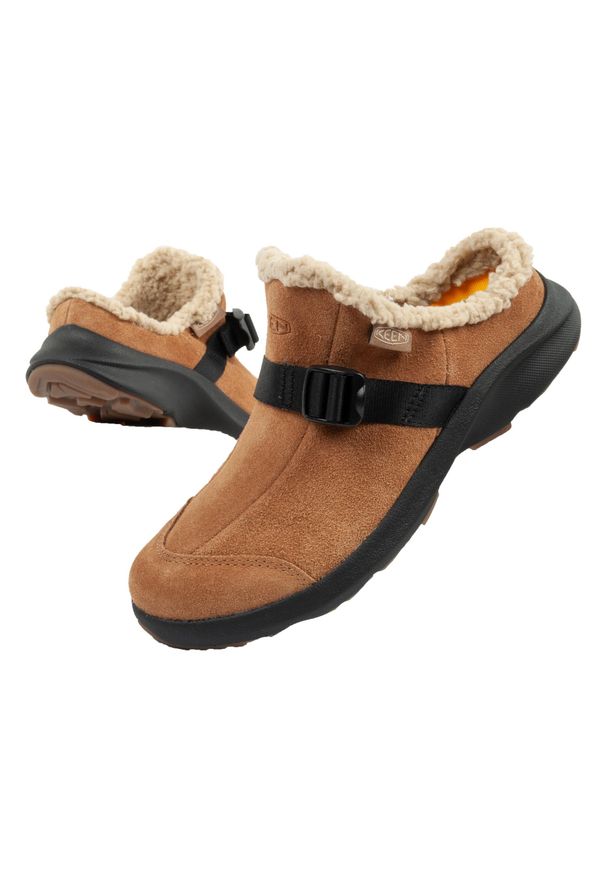 keen - Kapcie z kożuszkiem damskie Keen laczki Hood Clog. Kolor: brązowy. Materiał: zamsz, skóra. Sport: turystyka piesza