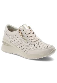 Sneakersy damskie Vinceza, ze skóry naturalnej licowej ażurowa cholewka zamek i sznurowanie lekka podeszwa, 95402, beżowe. Okazja: na co dzień. Zapięcie: sznurówki. Kolor: beżowy. Materiał: skóra. Szerokość cholewki: normalna. Wzór: ażurowy. Obcas: na platformie. Styl: sportowy, klasyczny, elegancki, casual #1