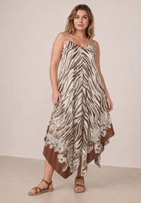 Born2be - Brązowa Sukienka z Wiskozy z Asymetrycznym Dołem w Kwiaty Calli. Okazja: na co dzień. Kolor: brązowy. Materiał: wiskoza. Długość rękawa: na ramiączkach. Wzór: kwiaty. Typ sukienki: asymetryczne. Styl: casual, elegancki #1