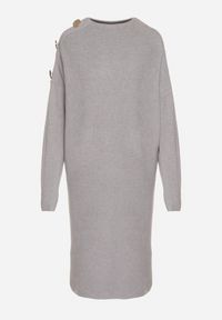 Born2be - Szara Sweterkowa Sukienka Pudełkowa Ozdobiona z Boku Guzikami Tustina. Okazja: na co dzień. Kolor: szary. Materiał: jeans. Wzór: aplikacja. Typ sukienki: proste. Styl: casual, elegancki #6
