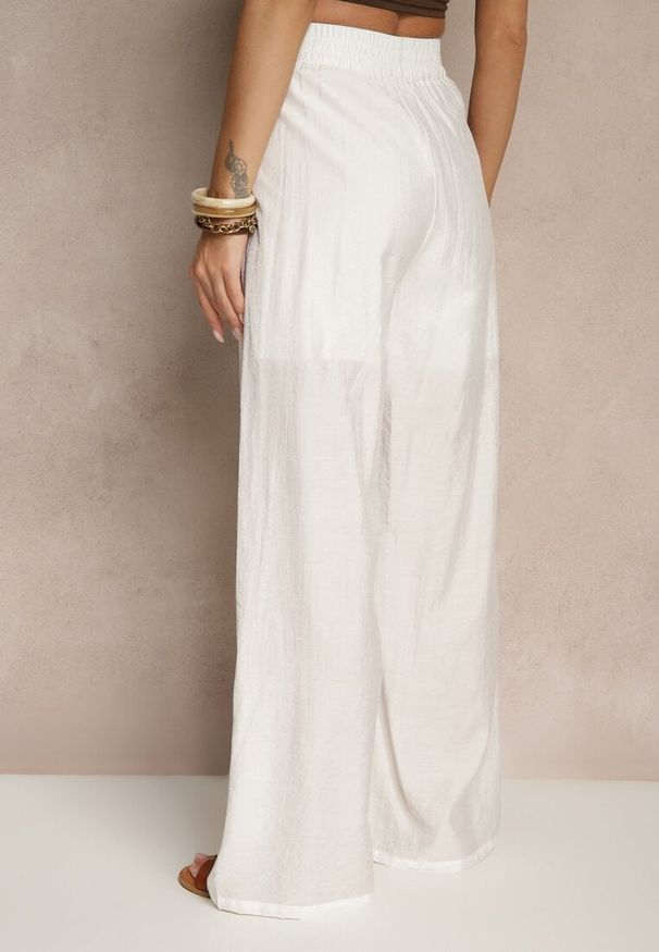 Renee - Białe Spodnie Palazzo High Waist z Szeroką Nogawką i Gumką w Talii Jenarielis. Okazja: na co dzień. Stan: podwyższony. Kolor: biały. Styl: casual