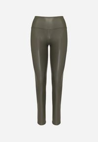 Born2be - Ciemnozielone Legginsy z Ekoskóry z Wysokim Stanem i Polarem Labira. Okazja: na co dzień. Stan: podwyższony. Kolor: zielony. Materiał: polar. Wzór: aplikacja. Styl: elegancki, casual
