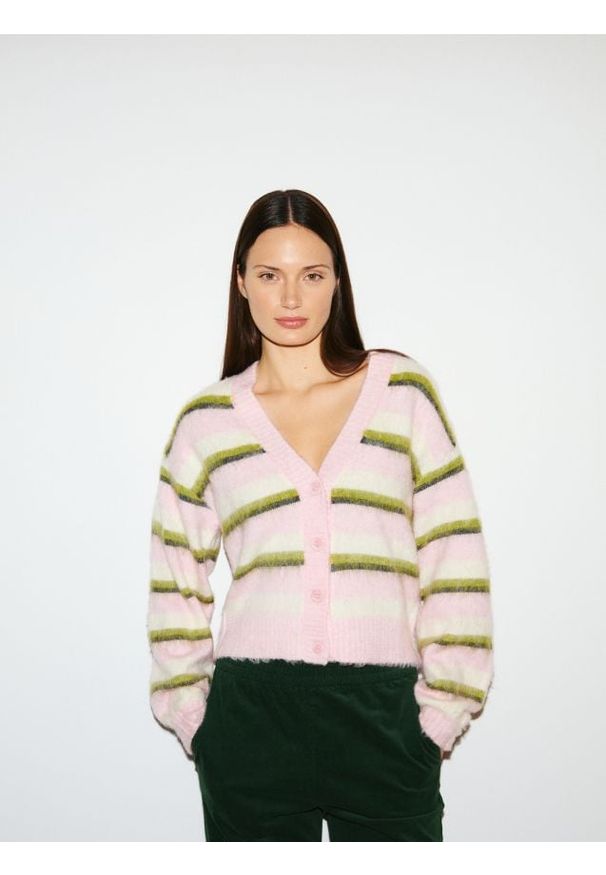 Reserved - Kardigan w paski - wielobarwny. Materiał: dzianina, wełna. Wzór: paski