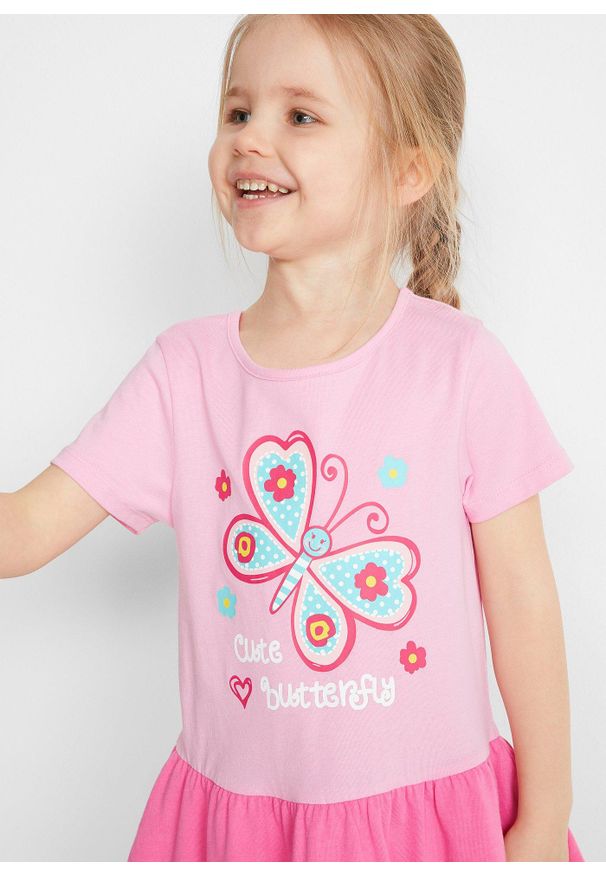 bonprix - Sukienka t-shirtowa + sukienka dla lalki (2 części), z czystej bawełny organicznej. Kolor: różowy. Materiał: bawełna. Długość rękawa: krótki rękaw. Wzór: nadruk