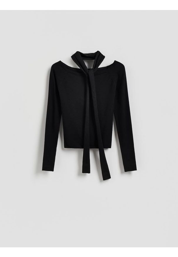 Reserved - Sweter z szalem - czarny. Kolor: czarny. Materiał: dzianina, wiskoza