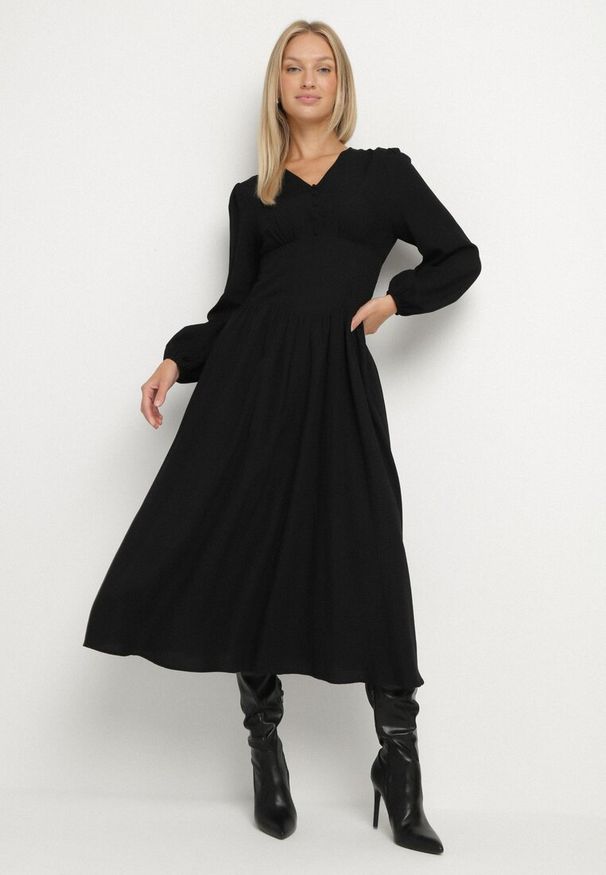 Born2be - Czarna Sukienka z Wiskozą o Kroju z Gorsetową Talią i Bufiastymi Rękawami Aniste. Okazja: na co dzień. Typ kołnierza: dekolt gorset. Kolor: czarny. Materiał: wiskoza. Typ sukienki: gorsetowe. Styl: wizytowy, casual, elegancki, sportowy