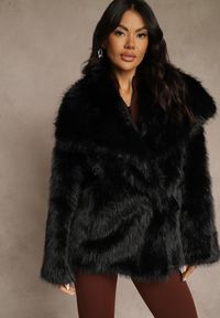 Renee - Czarna Dwurzędowa Kurtka Futerko Oversize Nenalla. Okazja: na co dzień. Kolor: czarny. Materiał: futro. Styl: casual