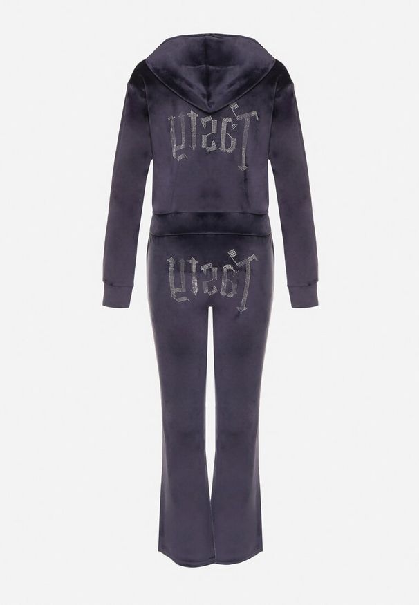 Born2be - Granatowy Welurowy Komplet Dresowy z Cyrkoniową Aplikacją Bluza i Spodnie Mitene. Kolor: niebieski. Materiał: welur, dresówka. Wzór: aplikacja. Sport: turystyka piesza