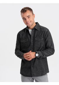 Ombre Clothing - Koszula męska jeansowa na zatrzaski z kieszonkami - czarna V3 OM-SHDS-0115 - XXL. Kolor: czarny. Materiał: jeans