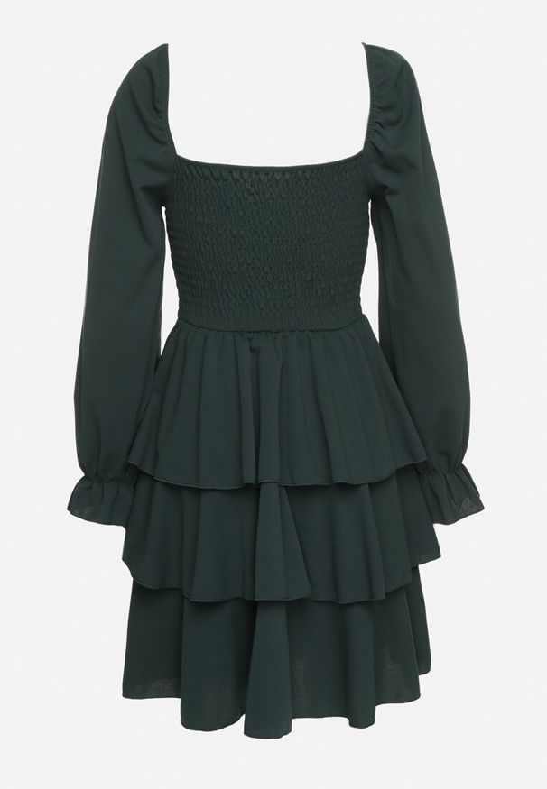 Born2be - Ciemnozielona Rozkloszowana Sukienka z Falbankami i Bufiastymi Rękawami Semithara. Okazja: na co dzień. Typ kołnierza: kołnierz z falbankami. Kolor: zielony. Wzór: aplikacja. Styl: elegancki, klasyczny, casual