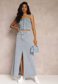 Renee - Jasnoniebieska Postrzępiona Spódnica Maxi z Jeansu z Rozcięciem Feedi. Stan: podwyższony. Kolor: niebieski. Materiał: jeans #1