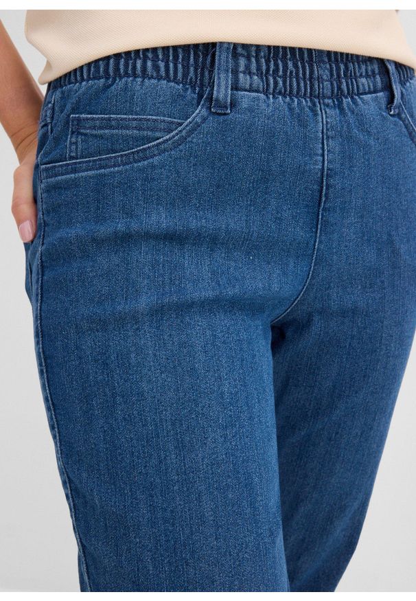 bonprix - Spodnie Straight, mid waist, z wygodnym paskiem (2 pary). Kolor: niebieski