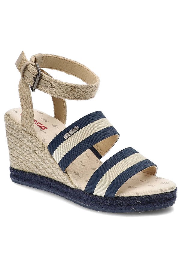 Big-Star - Beżowe Sandały Big Star Stylowe Espadryle Damskie. Okazja: na spacer. Zapięcie: pasek. Kolor: beżowy. Materiał: materiał. Szerokość cholewki: normalna. Wzór: aplikacja. Sezon: lato. Obcas: na koturnie. Styl: elegancki