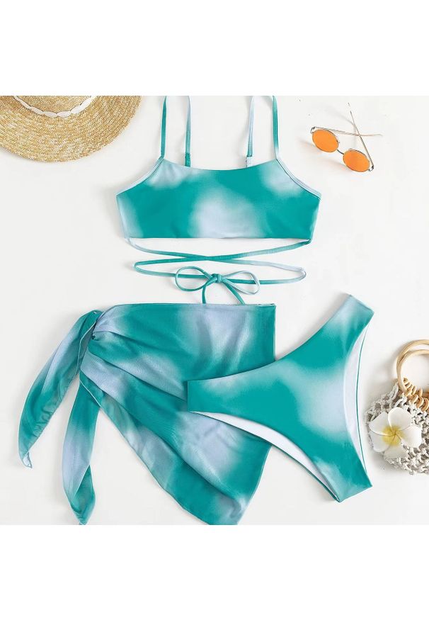 Intica - Komplet bikini z pareo na plażę i basen Eufrasia. Kolor: niebieski. Materiał: materiał