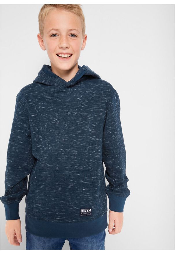Bluza chłopięca melanżowa z kapturem bonprix niebieski melanż. Typ kołnierza: kaptur. Kolor: niebieski. Wzór: melanż. Styl: sportowy