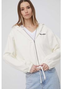 Wrangler bluza bawełniana damska kolor beżowy z kapturem z nadrukiem. Typ kołnierza: kaptur. Kolor: beżowy. Materiał: bawełna. Wzór: nadruk