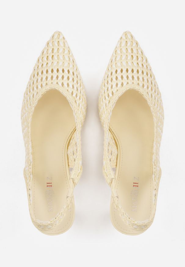 Renee - Żółte Plecione Czółenka Slingback na Szpilce z Ażurową Cholewką Hibiscae. Okazja: na co dzień. Kolor: żółty. Materiał: jeans. Szerokość cholewki: normalna. Wzór: ażurowy. Sezon: wiosna. Obcas: na szpilce. Styl: wizytowy, casual, elegancki