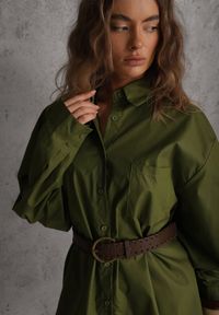 Renee - Zielona Bawełniano-Wiskozowa Koszula o Długim Kroju Oversize z Paskiem Tethys. Okazja: na co dzień. Typ kołnierza: kołnierzyk klasyczny. Kolor: zielony. Materiał: wiskoza, bawełna. Długość: długie. Styl: casual, klasyczny #3