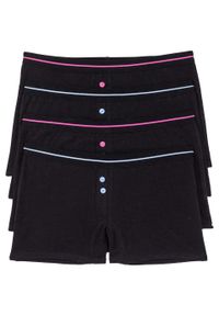 Bokserki damskie (4 pary) bonprix czarno-różowo-niebieski. Kolor: czarny. Wzór: aplikacja #1