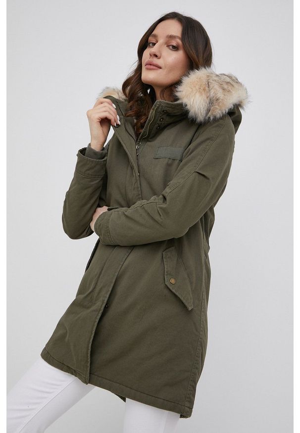 only - Only parka damska kolor zielony przejściowa. Okazja: na co dzień. Kolor: zielony. Materiał: futro, bawełna. Styl: casual